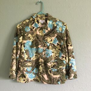 Ann Taylor Loft Blazer Size 14 Petite Green Floral Long Sleeve Career Jacket